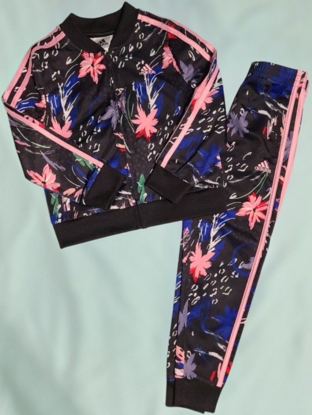 🌸 Adidas Girls Tropical Floral Tricot 2-Piece Bomber Tracksuit Set (Size 6)